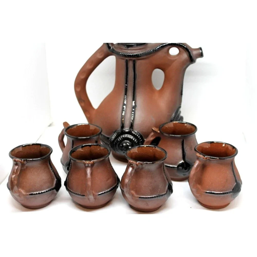 Bulgarian Clay Pottery Pitcher w/Sculptural Handle Decorative Elements 6 Mugs